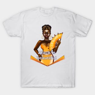 Queen Black is beautiful text - black girl with Gold earrings, necklace,  tiara, dress and fan with dark brown skin ! T-Shirt